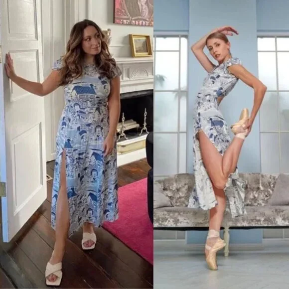 Reformation Gavin Blue White Portugal Printed Open Back Cap Sleeve Midi Dress - Picture 3 of 16